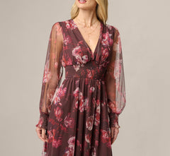 Bishop Sleeve Floral Mesh Maxi Dress In Brown Multi