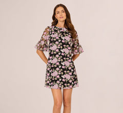Bell Sleeve Floral Embroidered Short Dress In Black Multi
