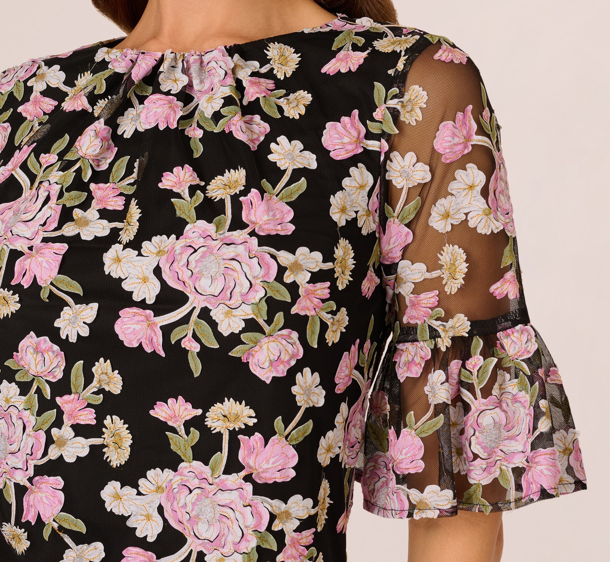 Bell Sleeve Floral Embroidered Short Dress In Black Multi