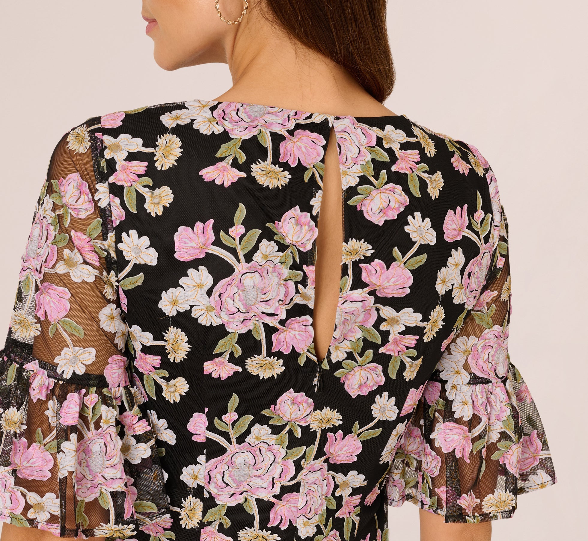 Bell Sleeve Floral Embroidered Short Dress In Black Multi