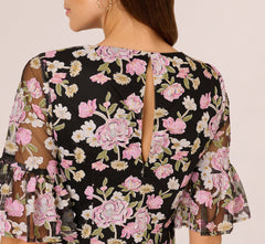 Bell Sleeve Floral Embroidered Short Dress In Black Multi