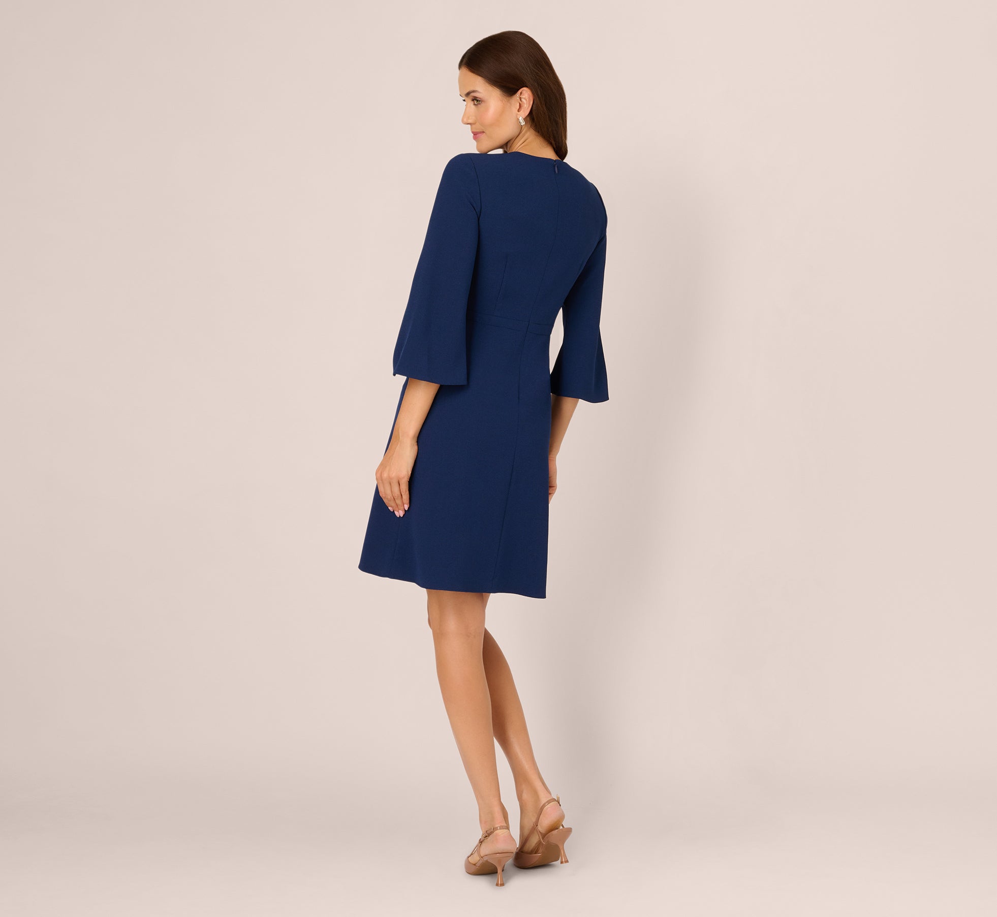 Bell Sleeve Stretch Crepe Keyhole Sheath Dress In Navy Sateen