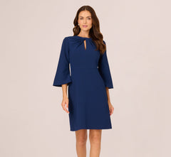 Bell Sleeve Stretch Crepe Keyhole Sheath Dress In Navy Sateen