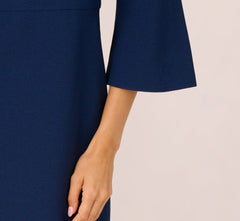 Bell Sleeve Stretch Crepe Keyhole Sheath Dress In Navy Sateen