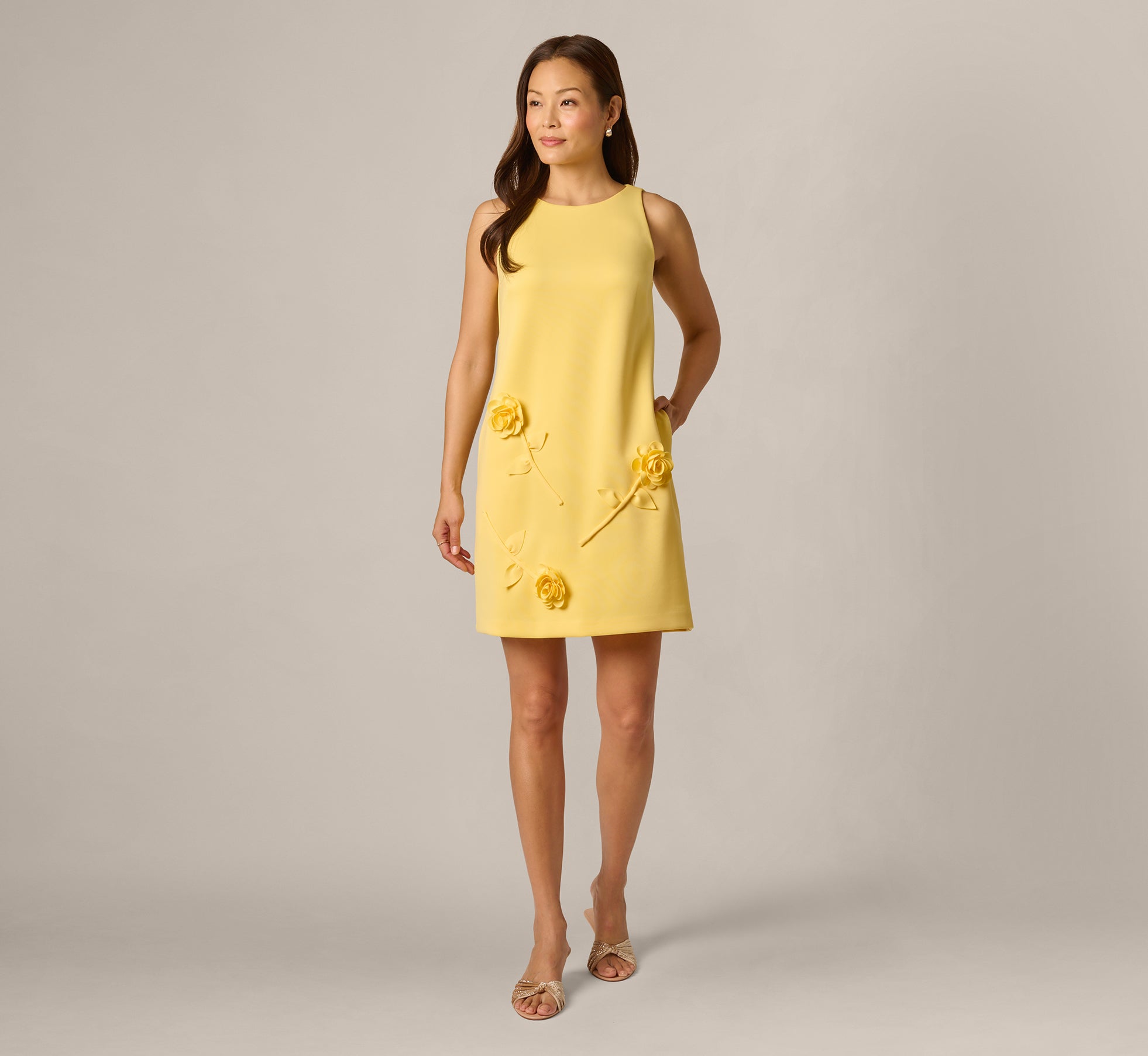3D Rosette Stretch Short Shift Dress In Warm Sun