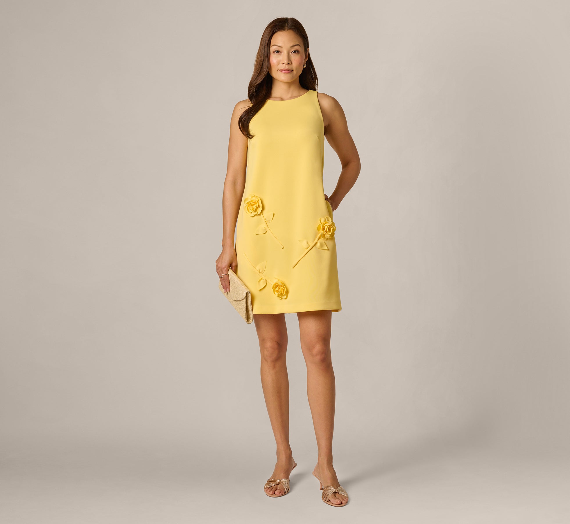 3D Rosette Stretch Short Shift Dress In Warm Sun