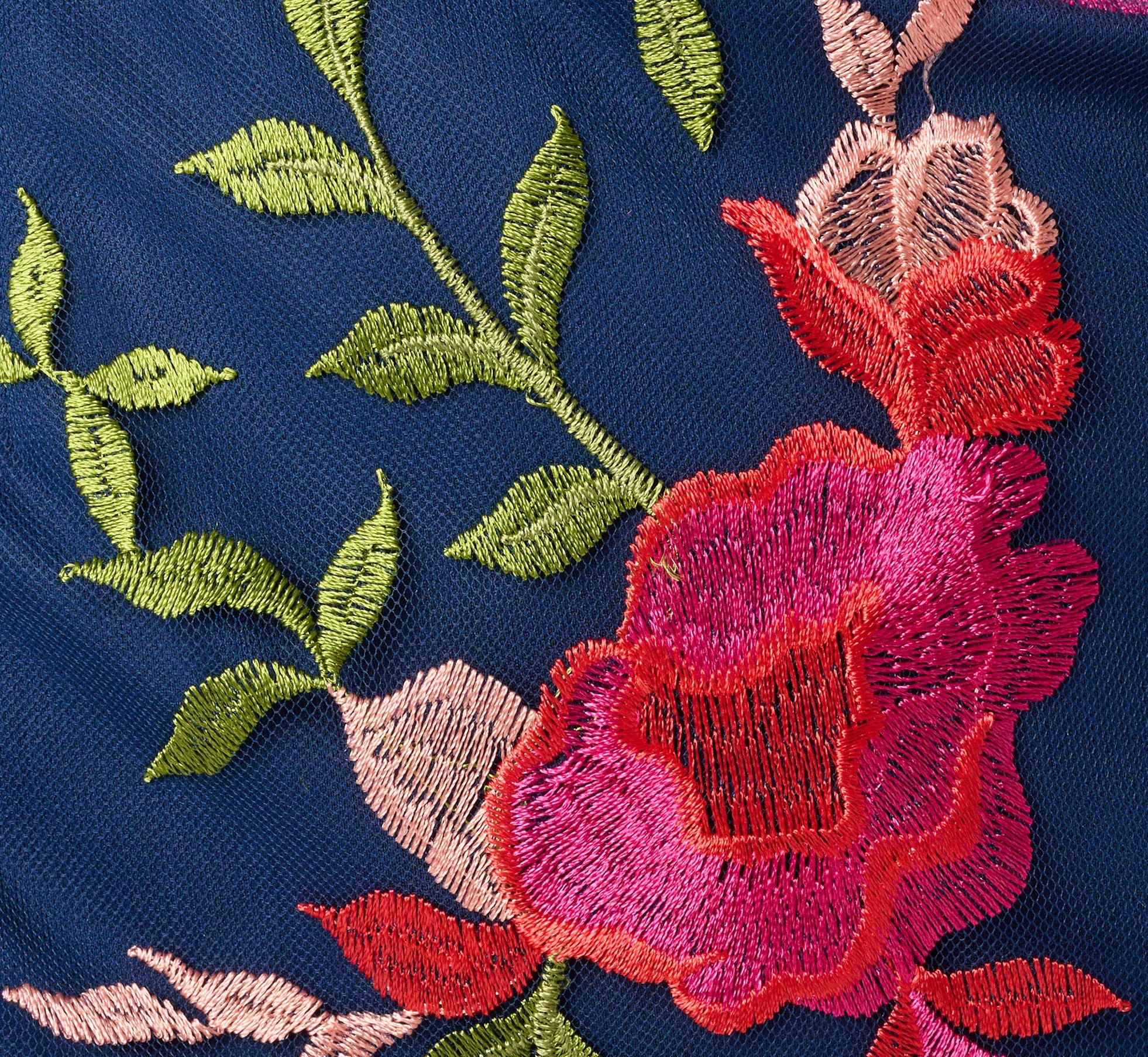 Bell Sleeve Floral Embroidered Illusion Sheath Dress In Navy Pink Multi
