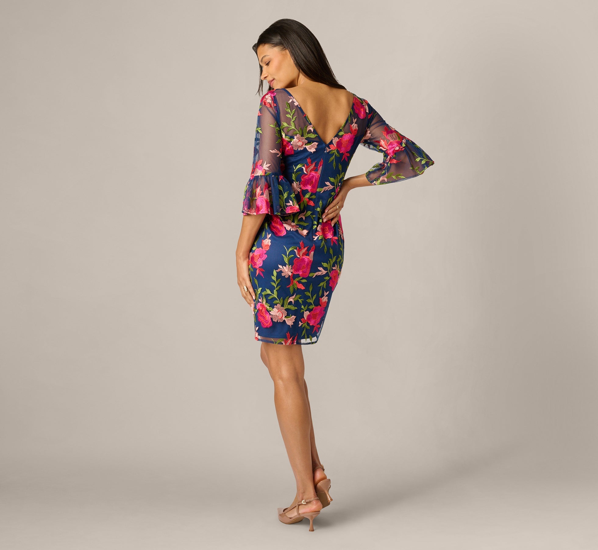 Bell Sleeve Floral Embroidered Illusion Sheath Dress In Navy Pink Multi