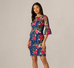 Bell Sleeve Floral Embroidered Illusion Sheath Dress In Navy Pink Multi