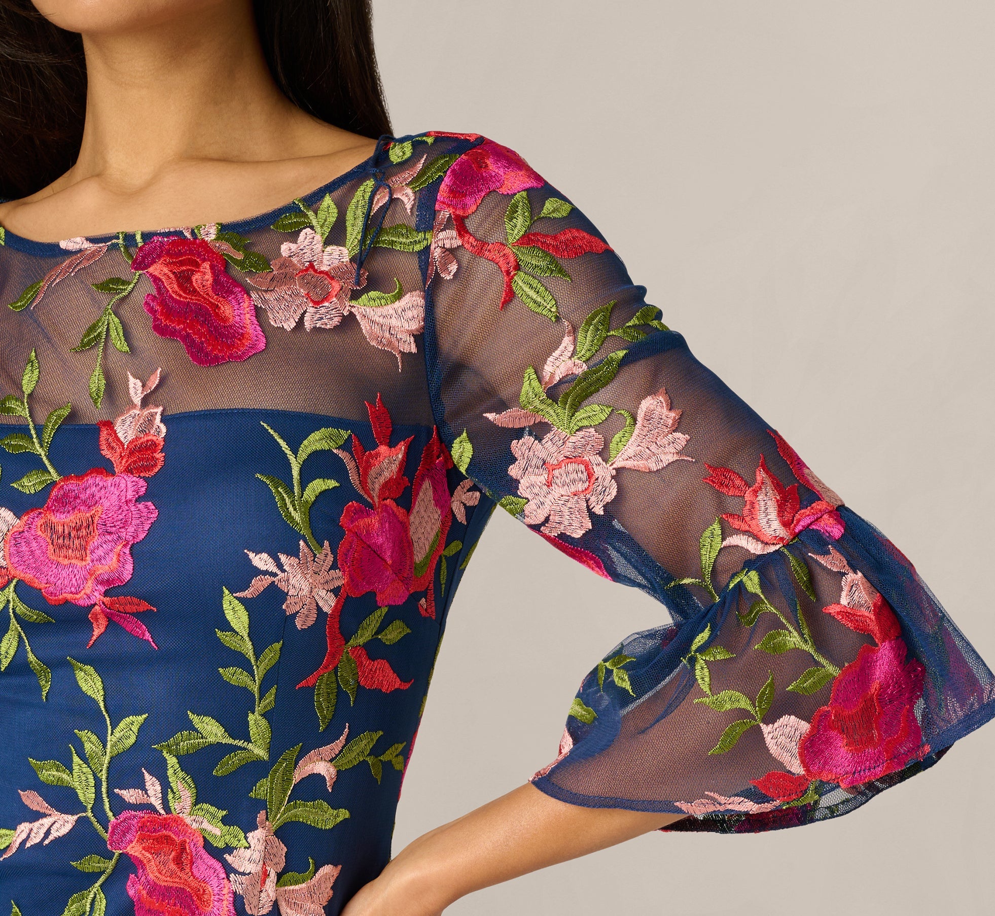 Bell Sleeve Floral Embroidered Illusion Sheath Dress In Navy Pink Multi