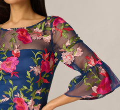 Bell Sleeve Floral Embroidered Illusion Sheath Dress In Navy Pink Multi