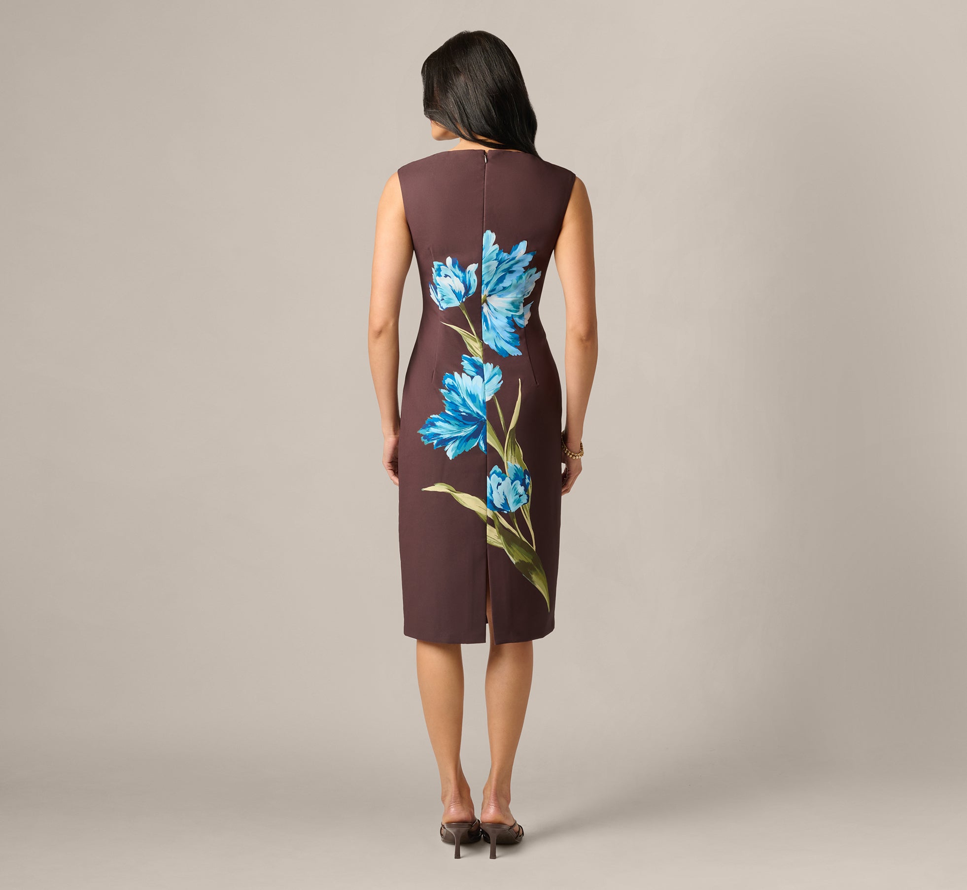 Asymmetrical Floral Printed Stretch Crepe Midi Dress In Brown Multi