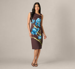 Asymmetrical Floral Printed Stretch Crepe Midi Dress In Brown Multi