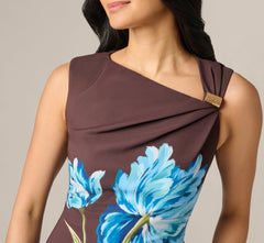 Asymmetrical Floral Printed Stretch Crepe Midi Dress In Brown Multi