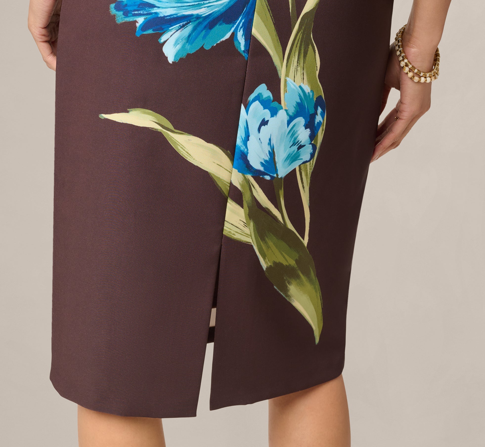 Asymmetrical Floral Printed Stretch Crepe Midi Dress In Brown Multi
