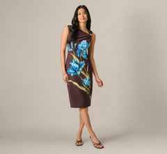 Asymmetrical Floral Printed Stretch Crepe Midi Dress In Brown Multi