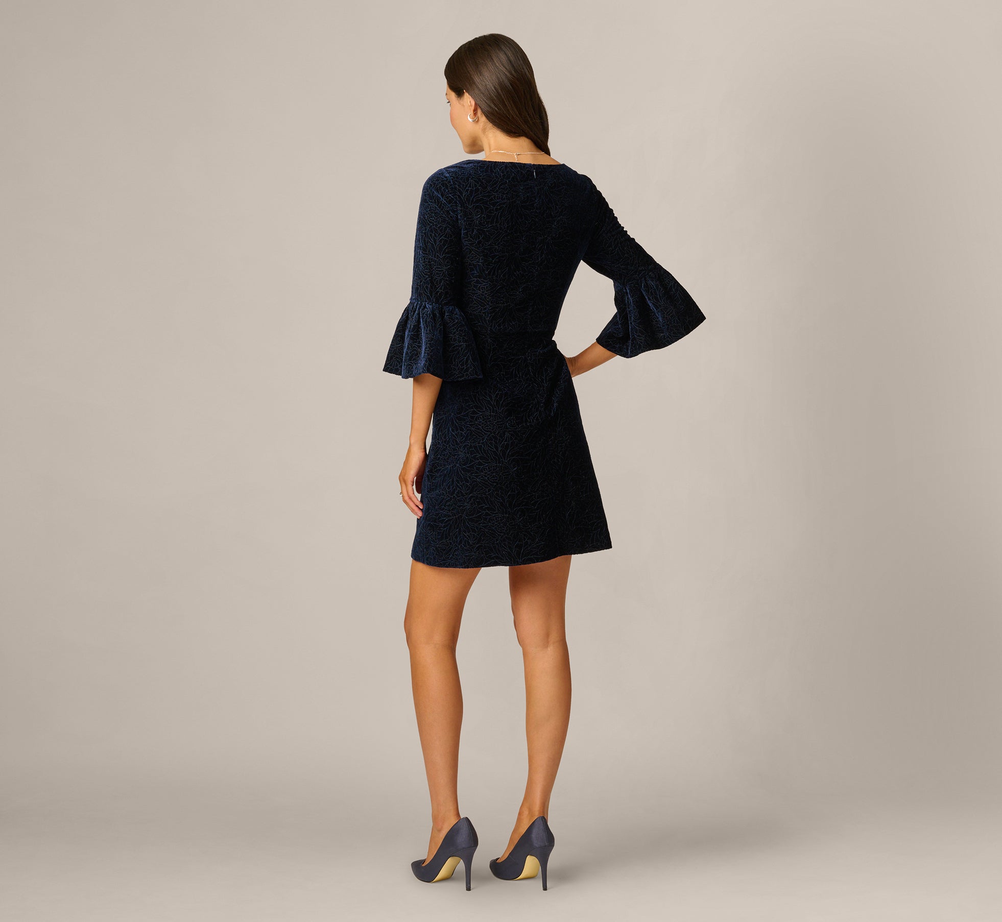 Bell Sleeve Floral Stretch Burnout Velvet Short Dress In Navy