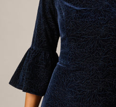 Bell Sleeve Floral Stretch Burnout Velvet Short Dress In Navy