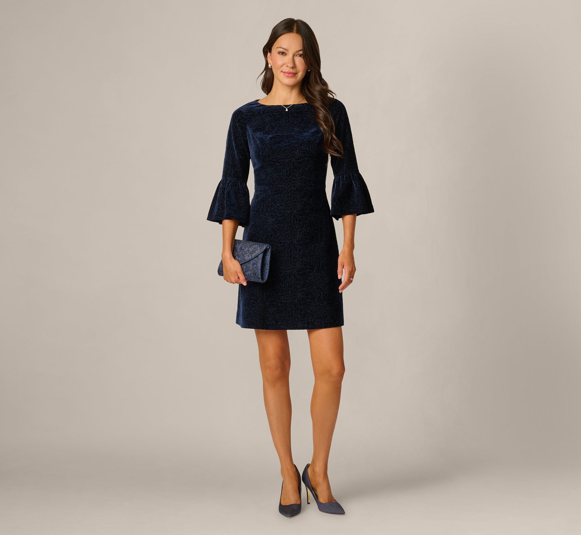 Bell Sleeve Floral Stretch Burnout Velvet Short Dress In Navy