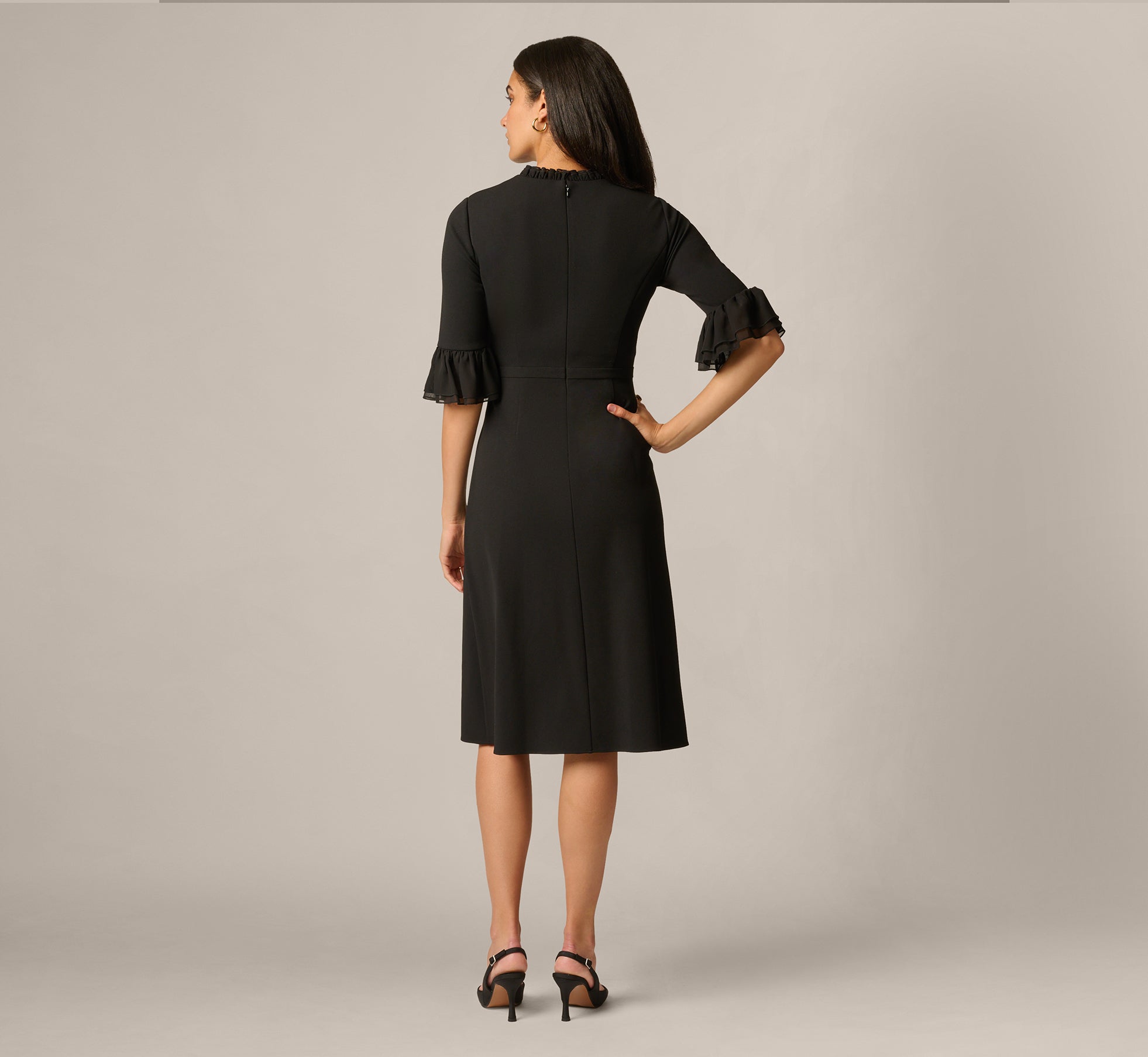 Bell Sleeve Bow Front Ruffle Midi Dress In Black