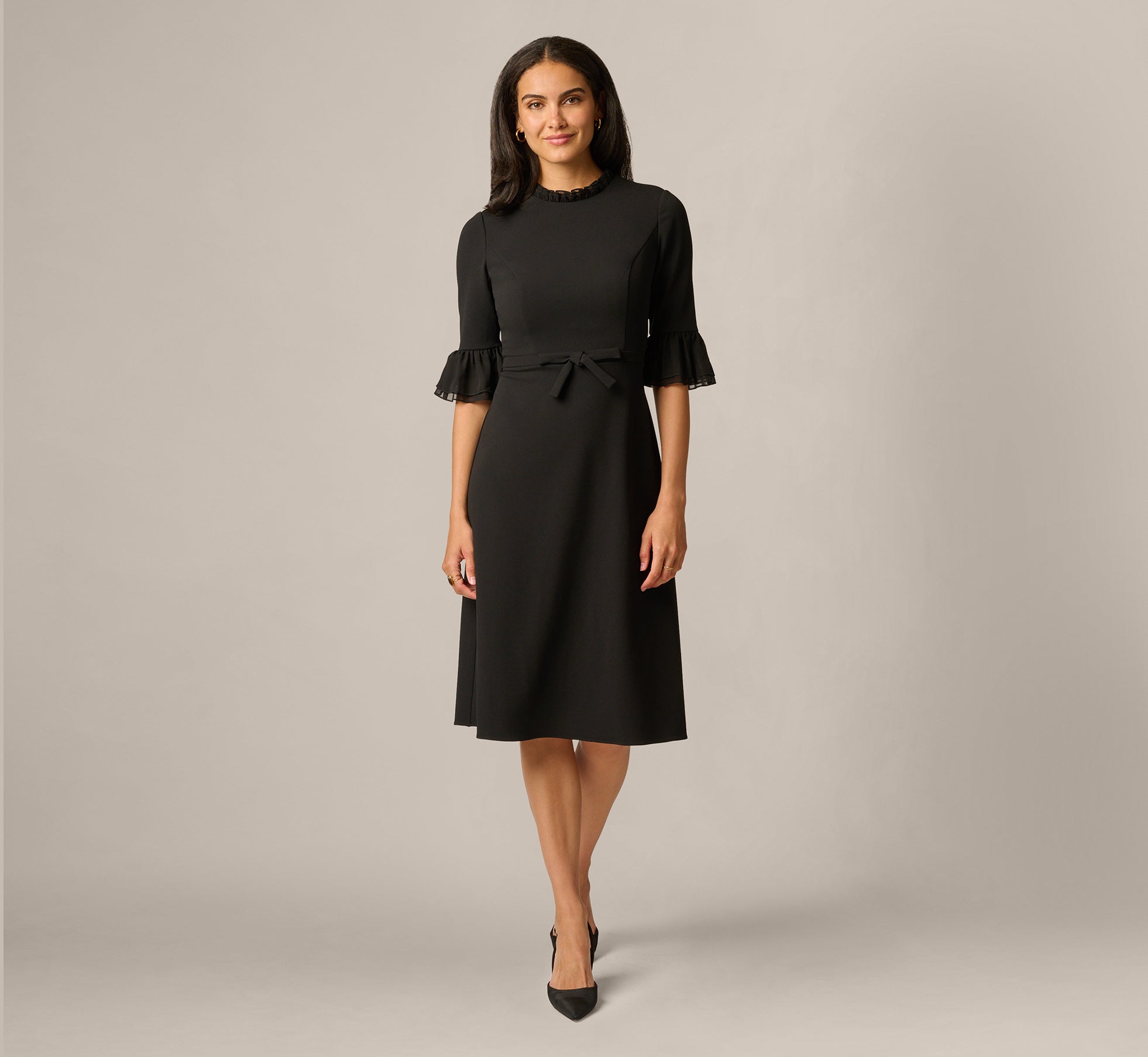 Bell Sleeve Bow Front Ruffle Midi Dress In Black