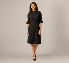 Bell Sleeve Bow Front Ruffle Midi Dress In Black