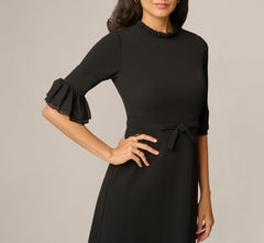 Bell Sleeve Bow Front Ruffle Midi Dress In Black