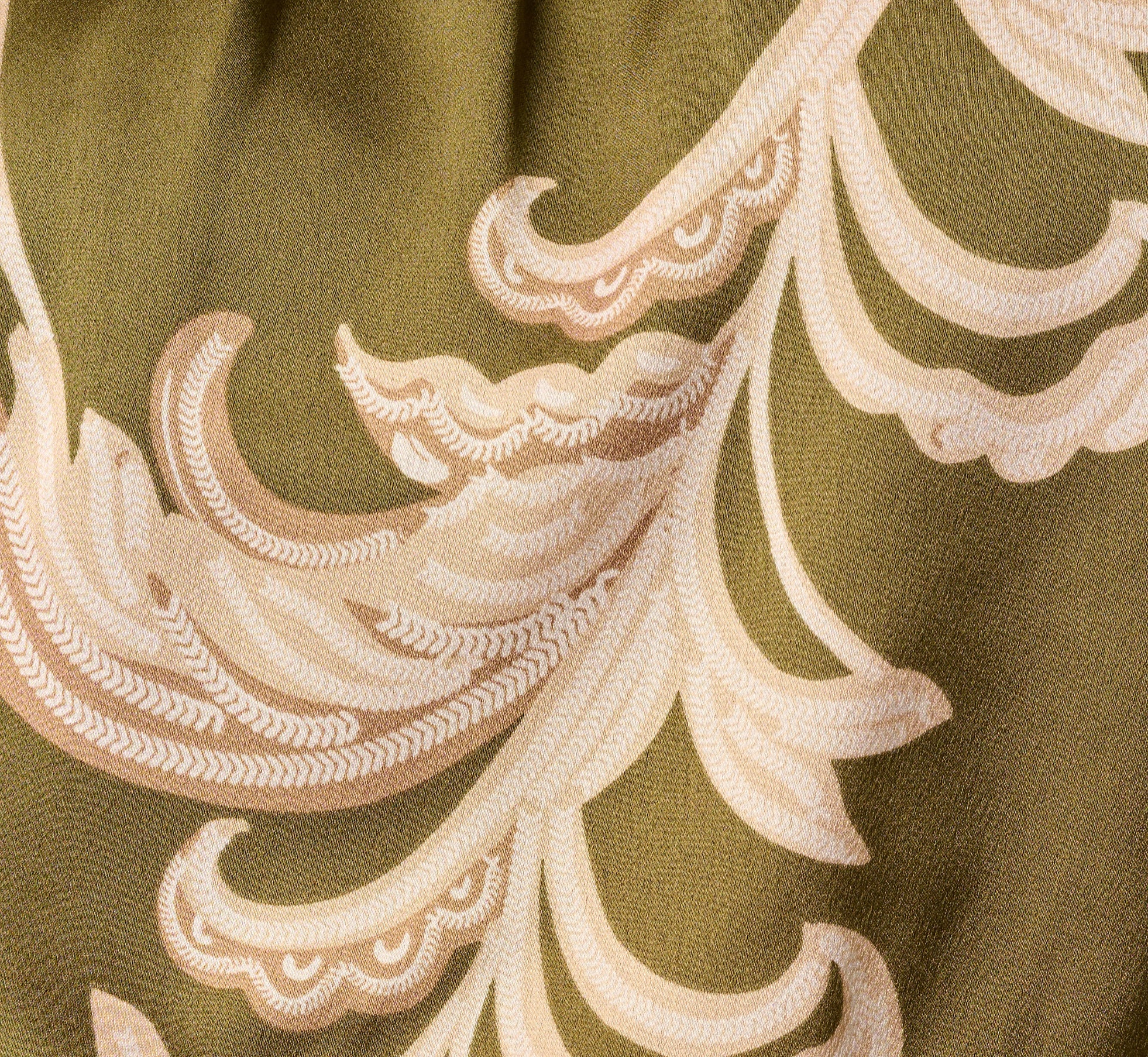Baroque Scroll Print Satin Handkerchief Hem Midi Dress In Olive Ecru