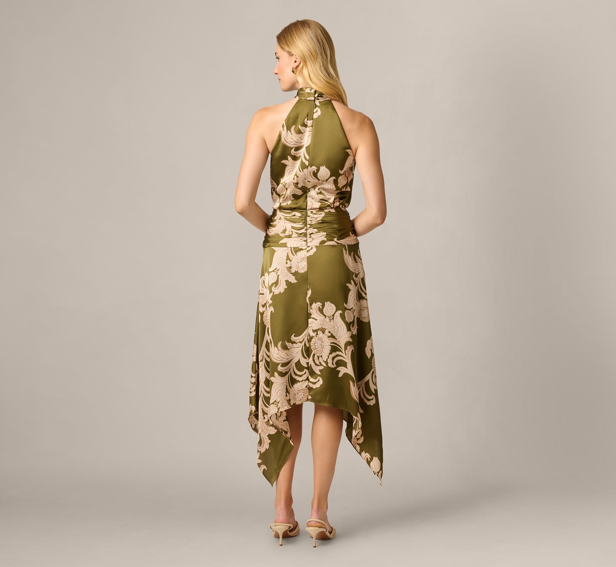 Baroque Scroll Print Satin Handkerchief Hem Midi Dress In Olive Ecru