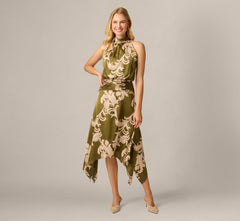 Baroque Scroll Print Satin Handkerchief Hem Midi Dress In Olive Ecru