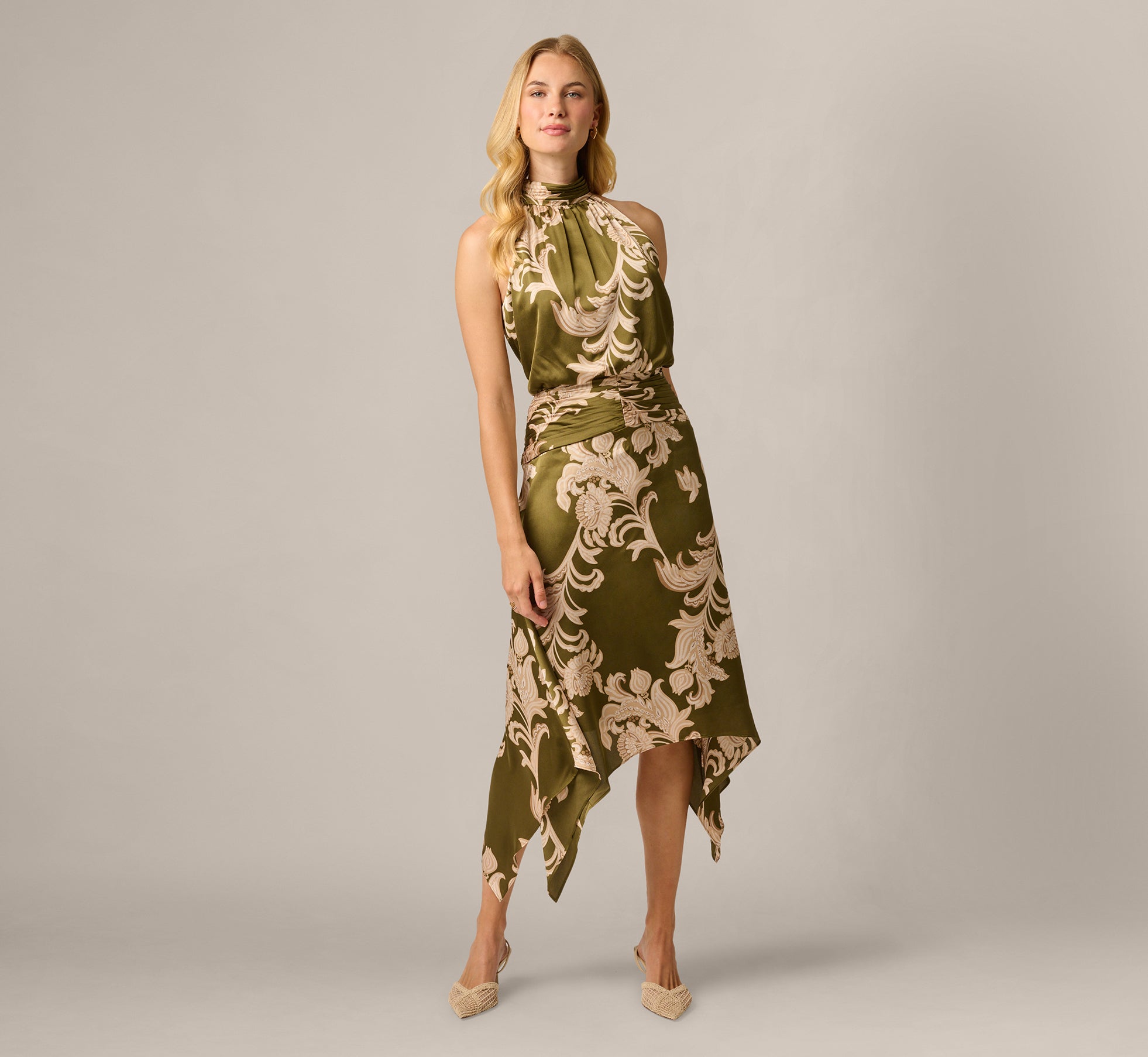 Baroque Scroll Print Satin Handkerchief Hem Midi Dress In Olive Ecru