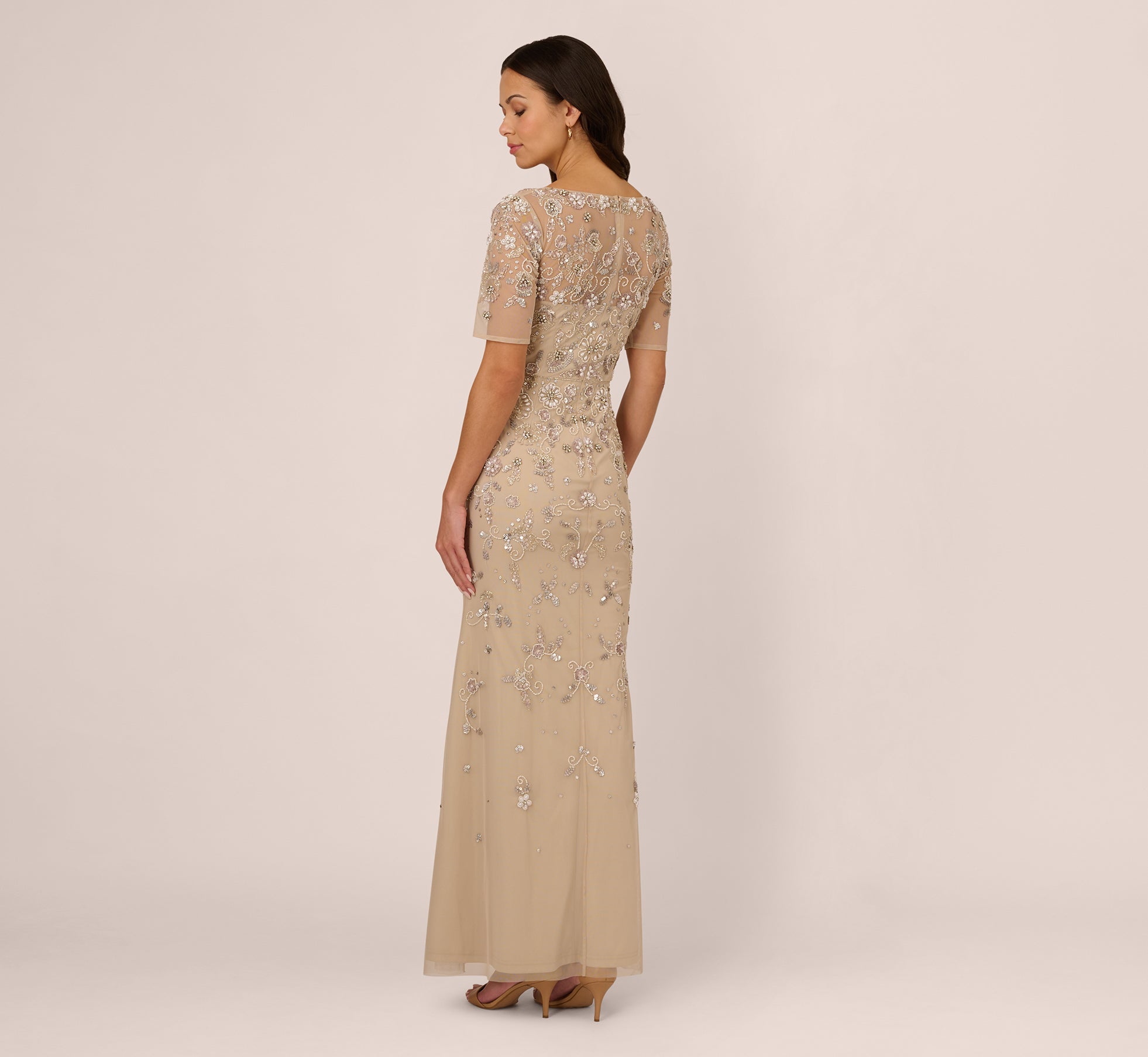 3D Floral Beaded Mermaid Gown With Sheer Short Sleeves In Biscotti