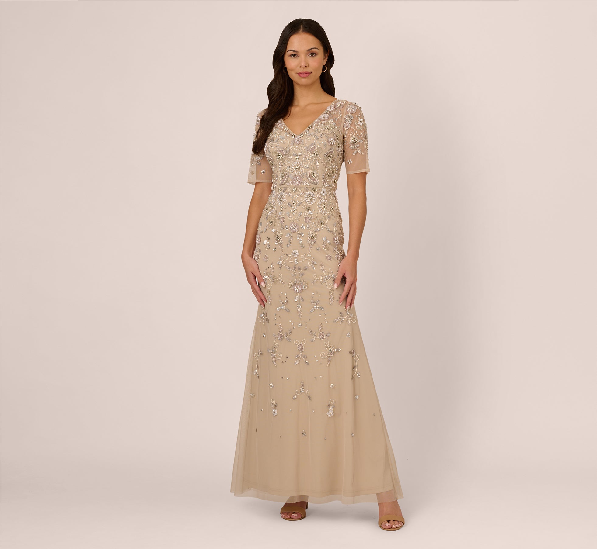 3D Floral Beaded Mermaid Gown With Sheer Short Sleeves In Biscotti