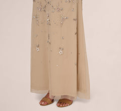 3D Floral Beaded Mermaid Gown With Sheer Short Sleeves In Biscotti