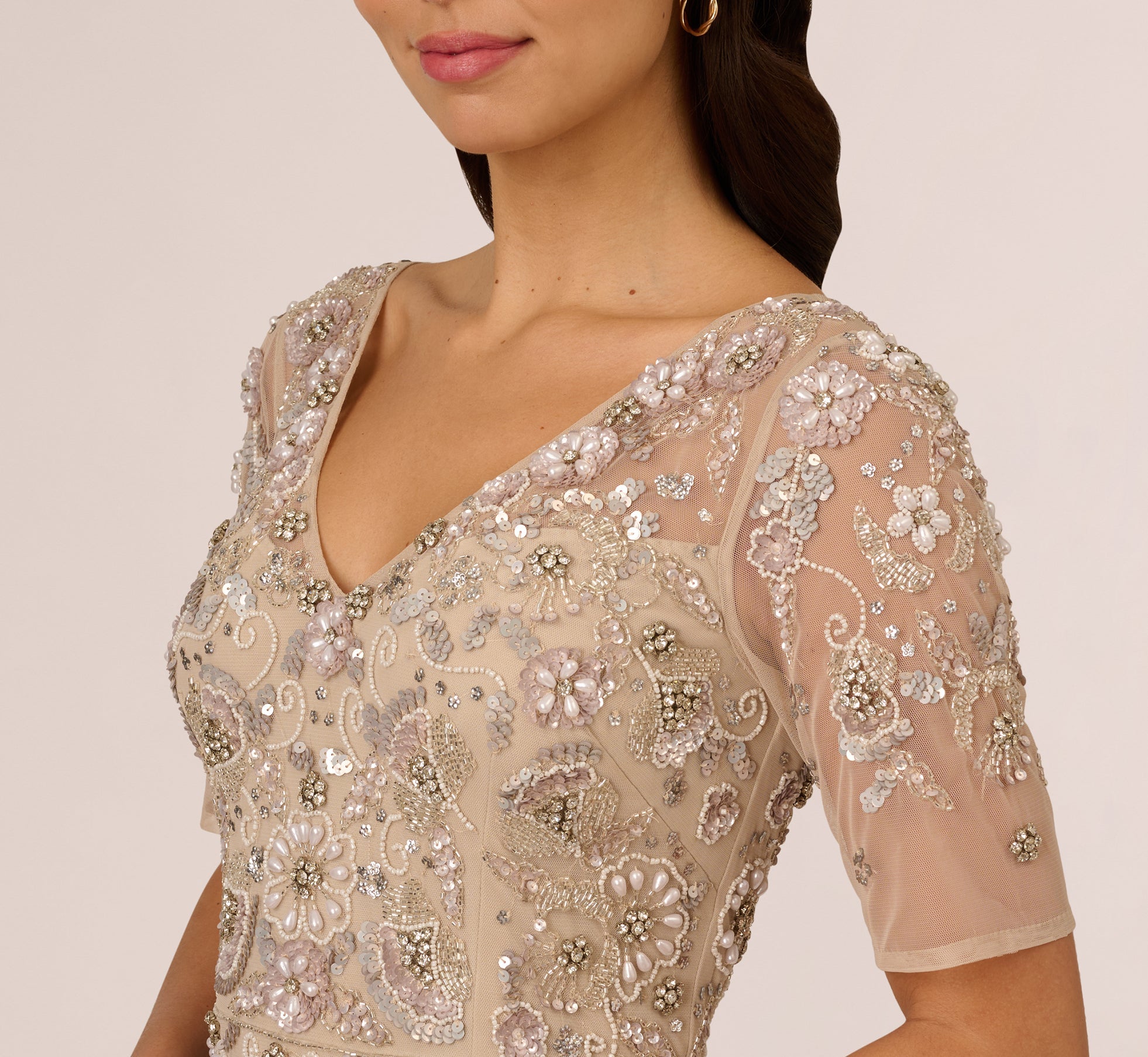 3D Floral Beaded Mermaid Gown With Sheer Short Sleeves In Biscotti