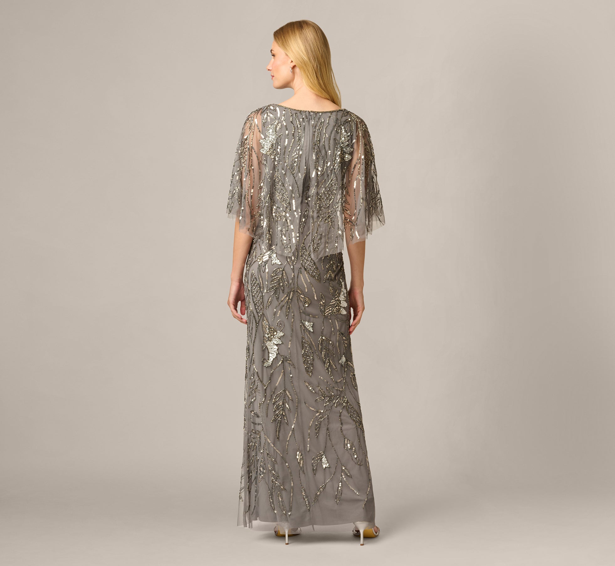Beaded Cape V Neck Long Dress In Sterling