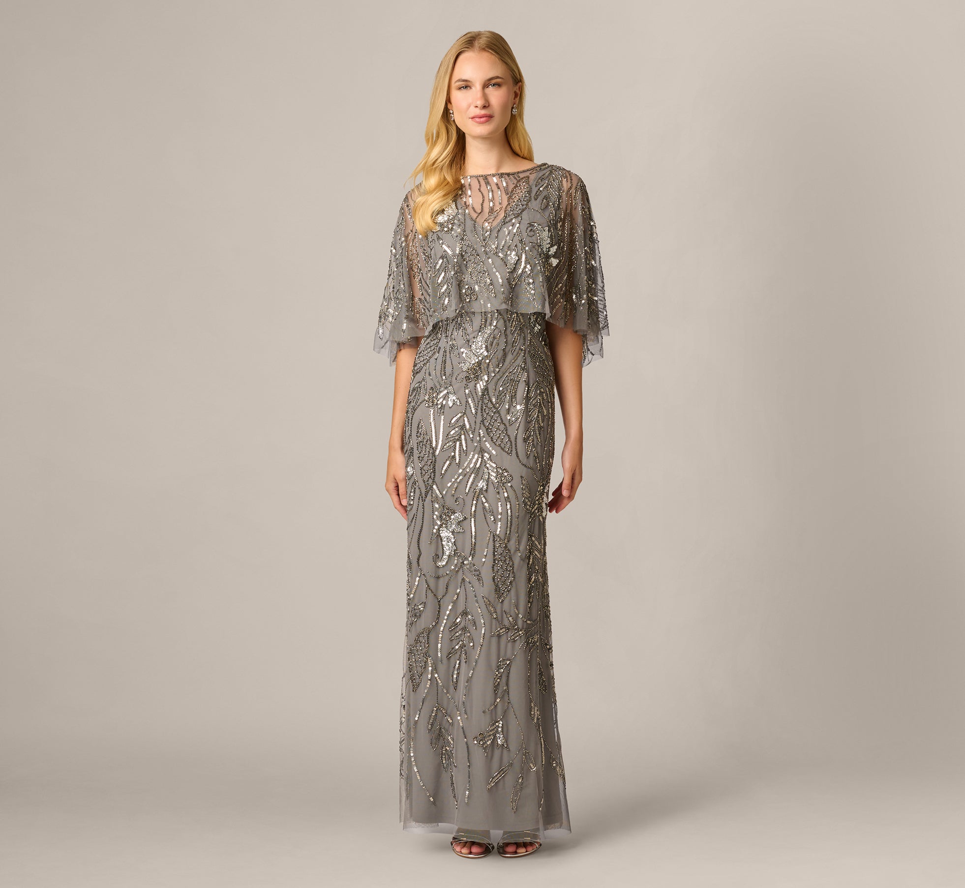Beaded Cape V Neck Long Dress In Sterling
