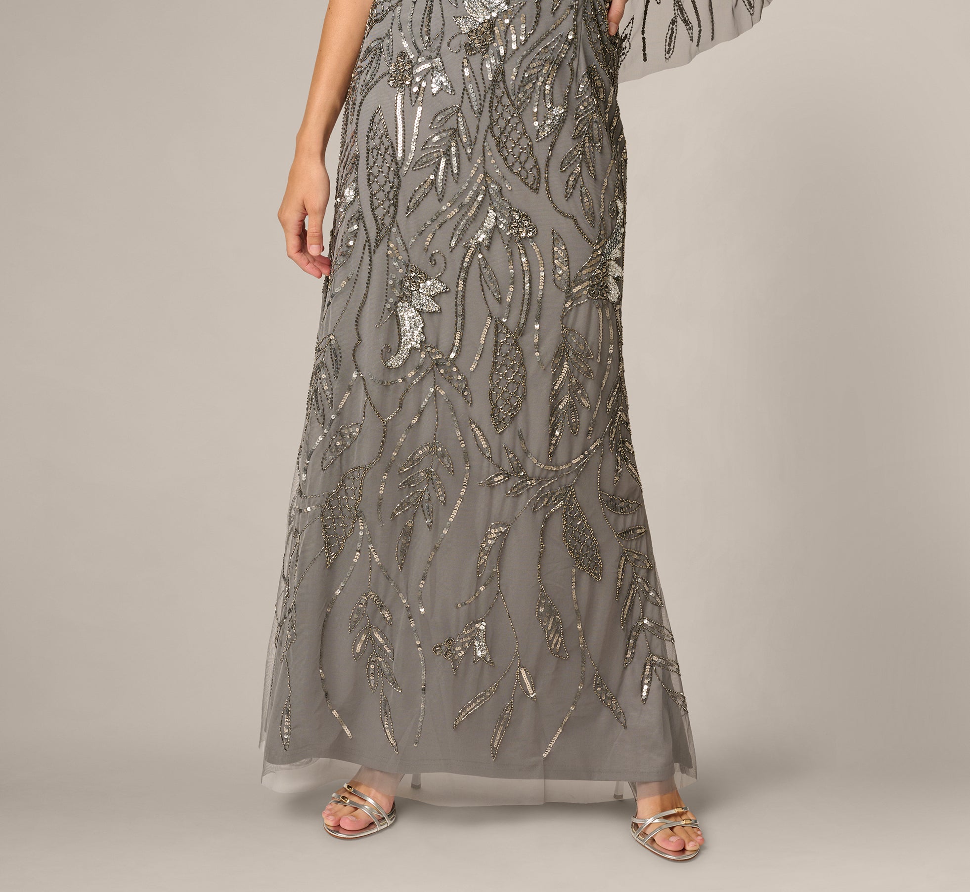 Beaded Cape V Neck Long Dress In Sterling