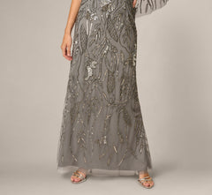 Beaded Cape V Neck Long Dress In Sterling