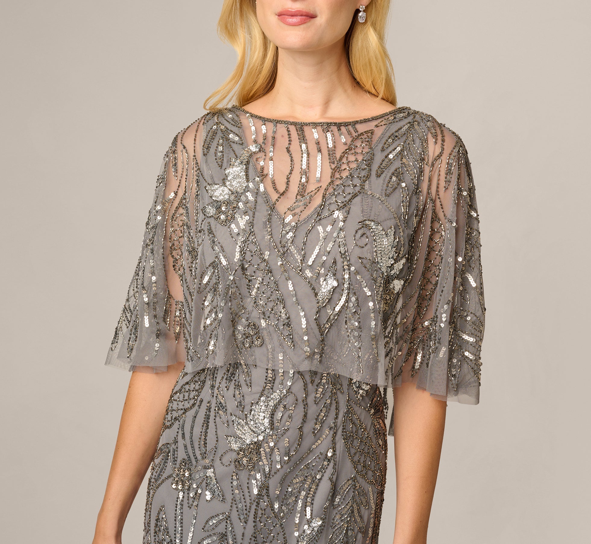Beaded Cape V Neck Long Dress In Sterling