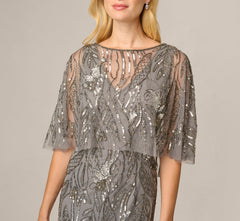 Beaded Cape V Neck Long Dress In Sterling