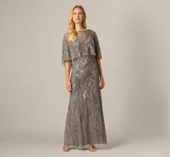 Beaded Cape V Neck Long Dress In Sterling
