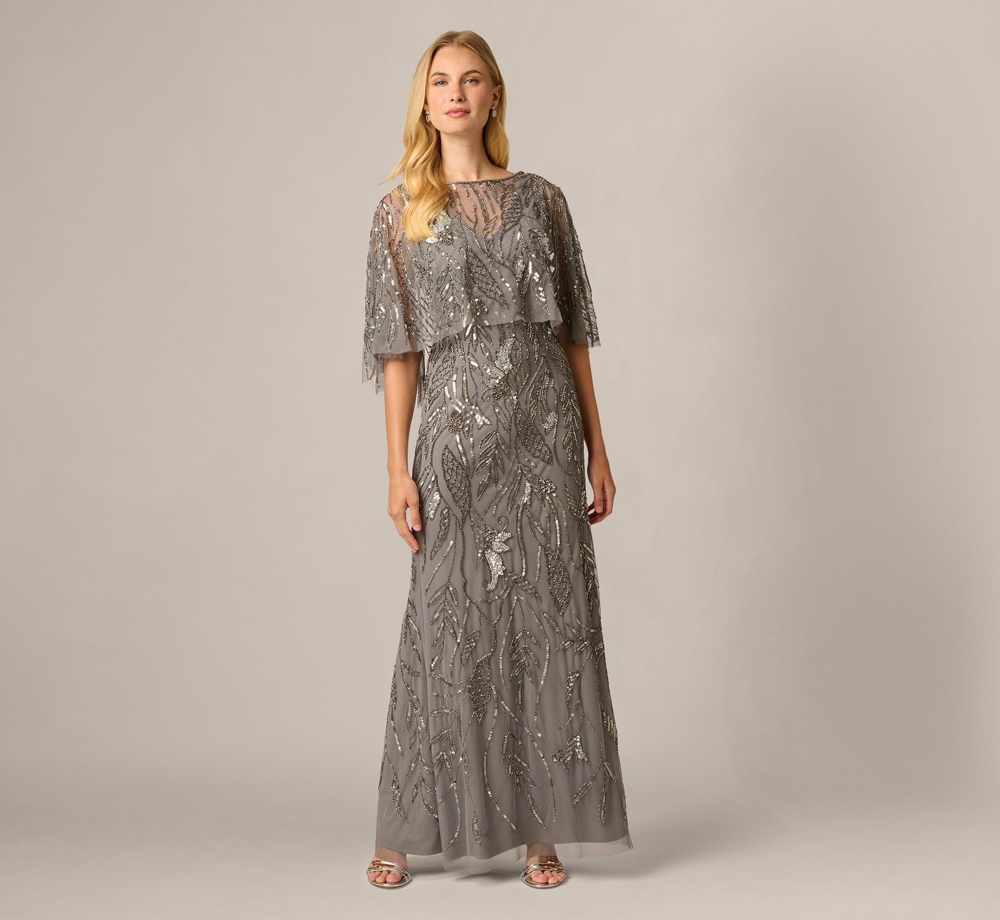 Beaded Cape V Neck Long Dress In Sterling