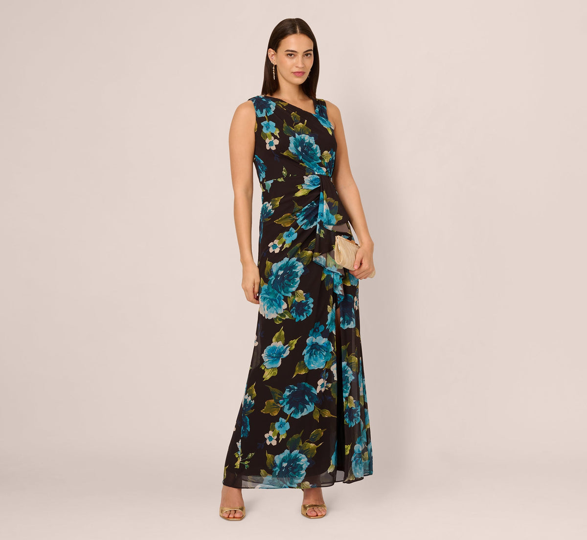 Asymmetrical Draped Floral Chiffon Gown In Black Multi