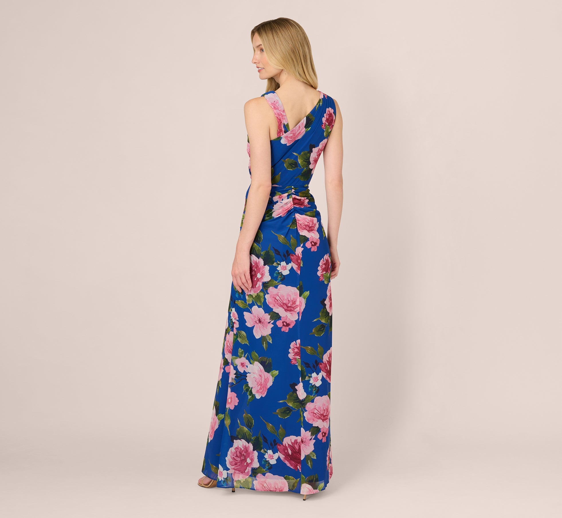 Asymmetrical Draped Floral Chiffon Gown In Dark Blue Multi
