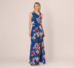Asymmetrical Draped Floral Chiffon Gown In Dark Blue Multi