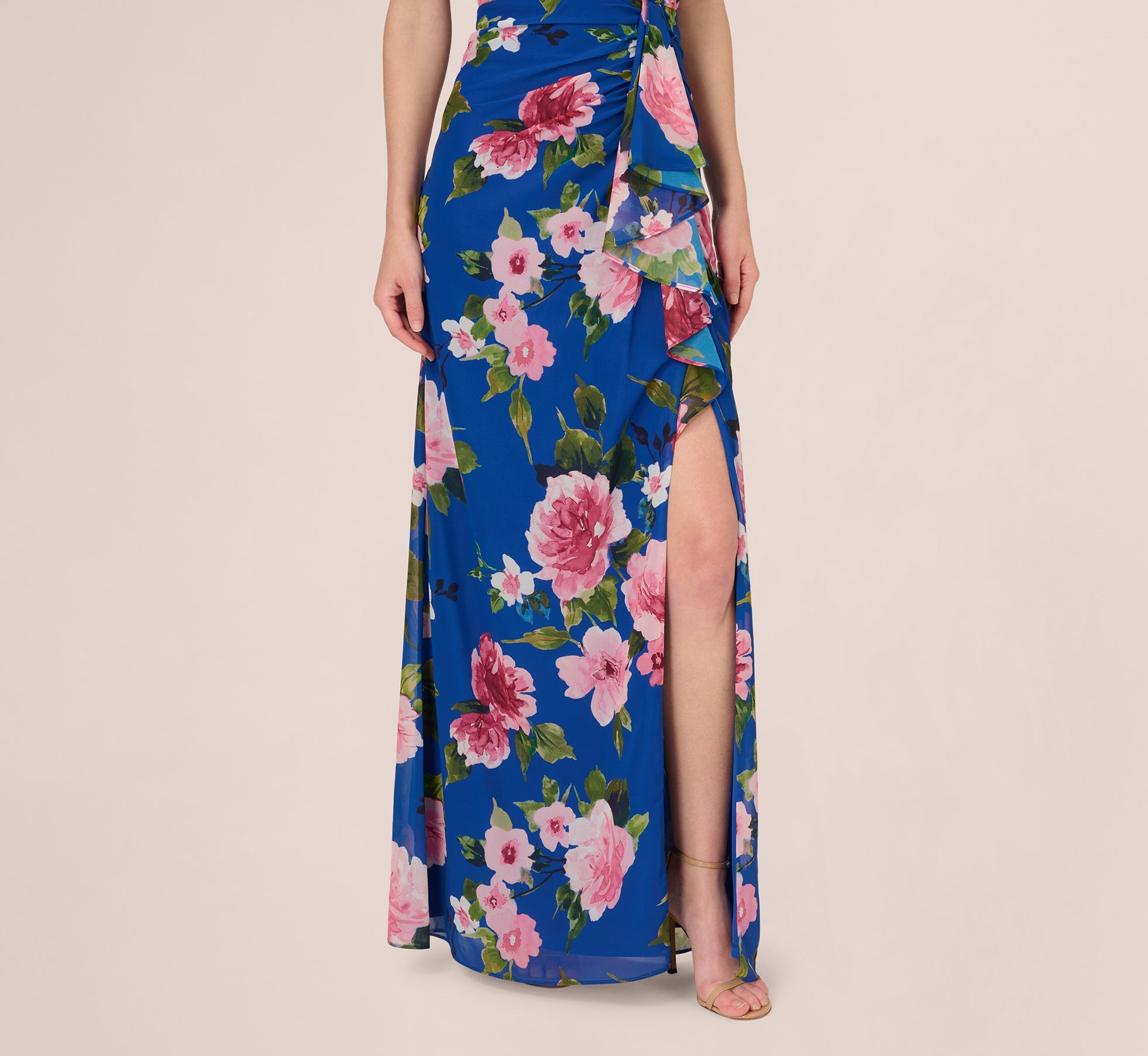 Asymmetrical Draped Floral Chiffon Gown In Dark Blue Multi