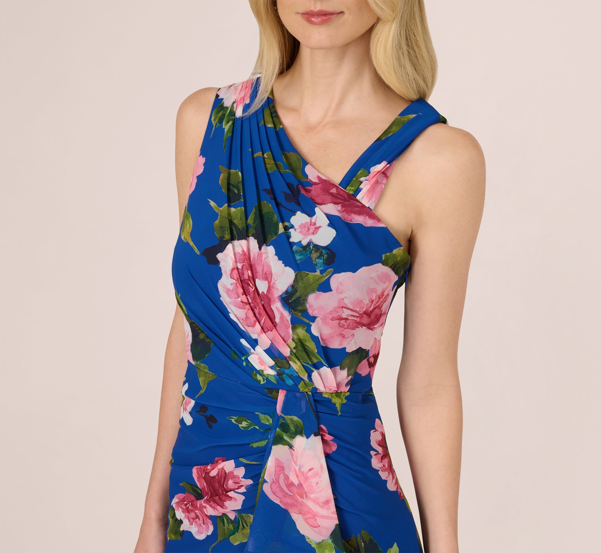 Asymmetrical Draped Floral Chiffon Gown In Dark Blue Multi