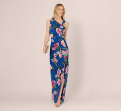 Asymmetrical Draped Floral Chiffon Gown In Dark Blue Multi