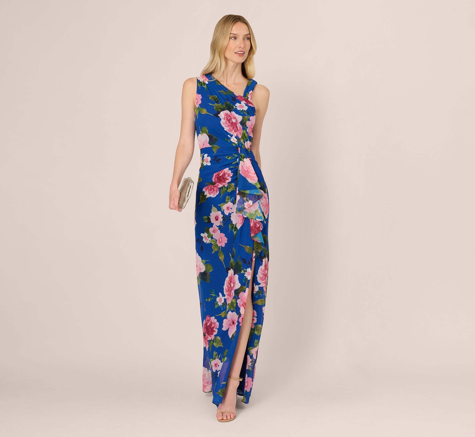 Asymmetrical Draped Floral Chiffon Gown In Dark Blue Multi